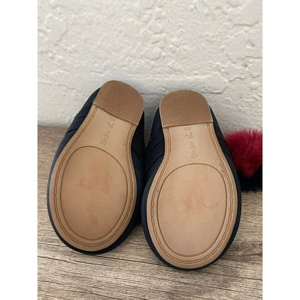 ZARA BABY GIRLS FLAT POM POM BLUE BALLERINA SHOES 20 SLIP ON NAVY BLUE